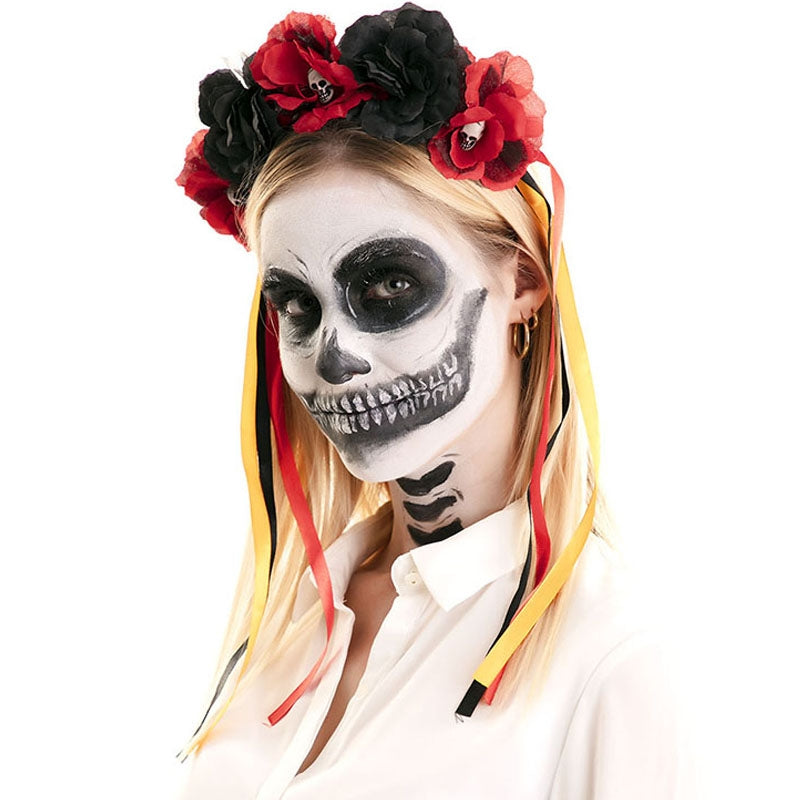 Diadema día de los muertos con flores negras y rojas