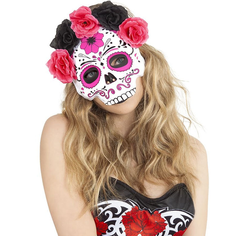 Máscara de Catrina con flores rosas y negras